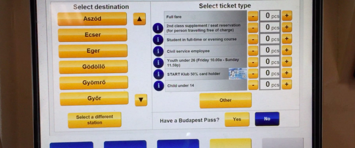 匈牙利火車自助購票系統有快速購票的介面選項